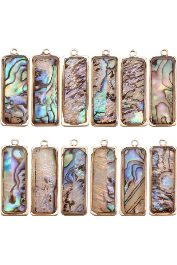 1Box 12Pcs Natural Paua Shell Pendants with Light Gold Plated Brass Findings Rectangle 27x9x4mm Hole: 1.6mm