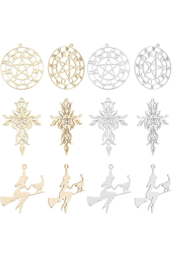 1Box 12pcs 3 Styles Flat Round/Witch with Cat Charm Stainless Steel Pendants Golden & Stainless Steel Color Hollow Charms for Jewelry Making