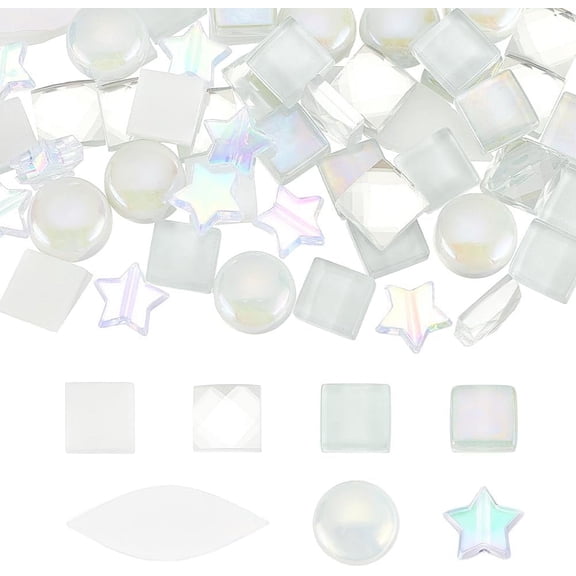 1Box 140Pcs 7 Styles Glass Cabochons & Plastic Beads Mosaic Tiles Rainbow Iridescent Flat Round & Star 10~26x10~12x2.5~6mm 20Pcs/style