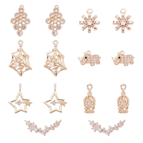 1Box 14Pcs 7 Style Brass Micro Pave Cubic Zirconia Pendants 14K Gold Plated Pendants DIY Pendants Kit for Jewelry Necklace Bracelet Earring Making