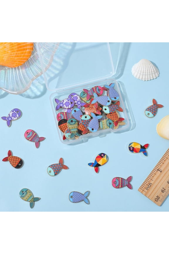 1Box 14Pcs 7 Styles Colorful Fish Charms Sea Animals Charm Bulk Golden Metal Alloy Kawaii Summer Animal Printed Dangle Charm