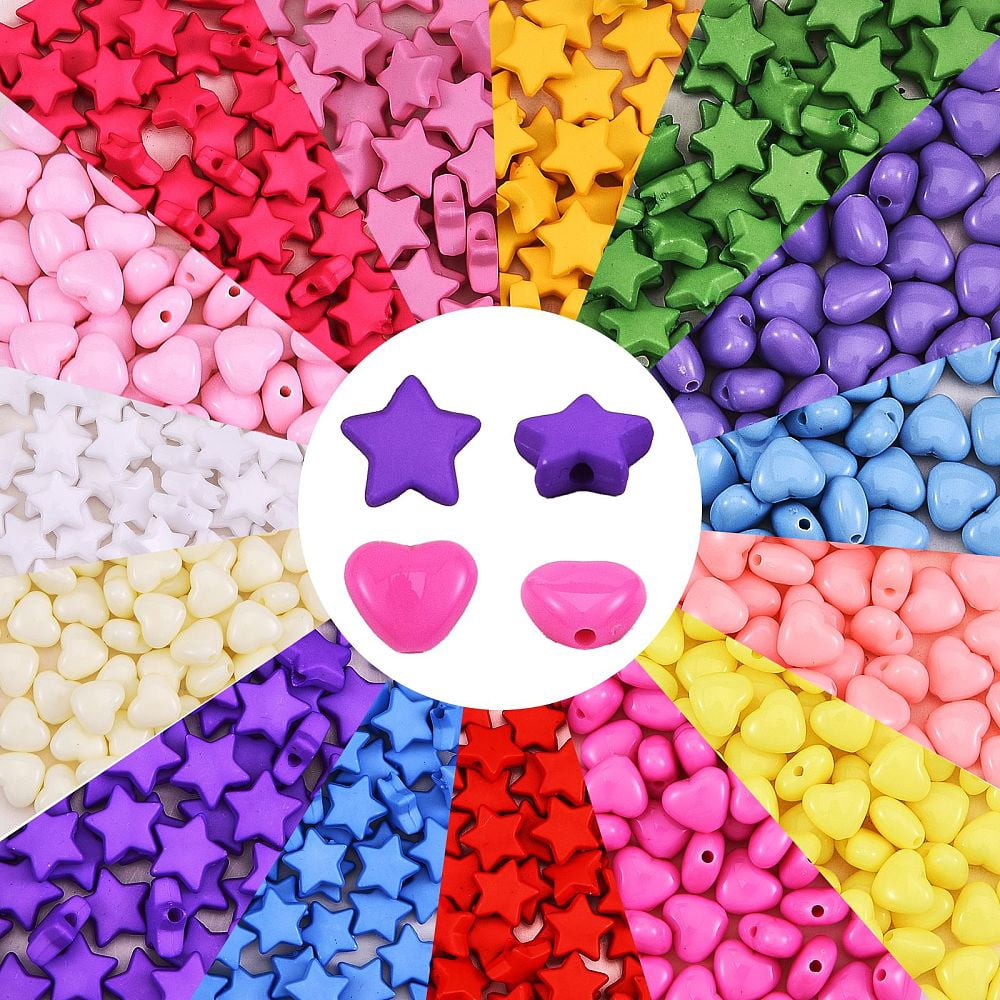 1Box 1500Pcs 15 Style Opaque Acrylic Beads Heart & Star Mixed Color 100pcs/styleDIY