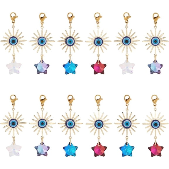 1Box 15Pcs Electroplate Glass Star Pendant Decorations with Brass Solar Eclipse Links and Resin Evil Eye Cabochons Mixed Color 52mm