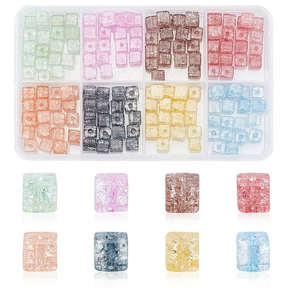 1Box 160Pcs 8 Colors Crackle Glass Beads Dyed & Heated Square Mixed Color 6x6x6mm Hole: 1.4mm 20pcs/color