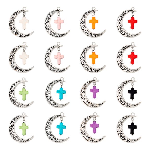 1Box 16Pcs 8 Colors Dyed Synthetic Turquoise Pendants Tibetan Style Alloy Hollow Moon Charms Antique Silver Mixed Color 41mm Hole: 3mm 2pcs/color