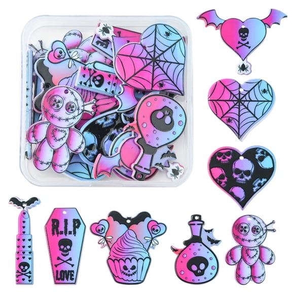 1Box 16Pcs 8 Style Halloween Printed Acrylic Pendants Mummy/Bat/Skull/Heart/Cake Charm Mixed Patterns 32~46x15~45x2~2.6mm Hole: 1.8mm 2pcs/style