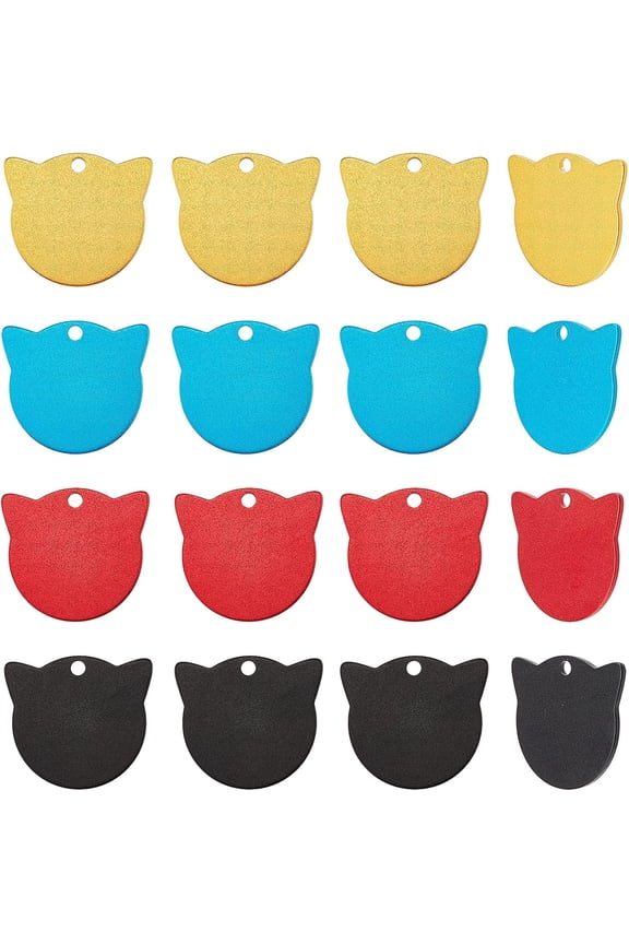 1Box 16pcs 4 Colors Cat Stamping Blanks Aluminium Stamping Blank Tag Pendants Cat Shape Tag Charms with 3mm Hole for Necklace Bracelet ID Name Tags Making