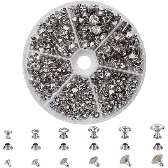 1Box 180 Sets Rhinestone Rivets, 6 Sizes Silver Cz Clear Crystal Brass Rivets Studs for Leather Craft DIY Making Repair