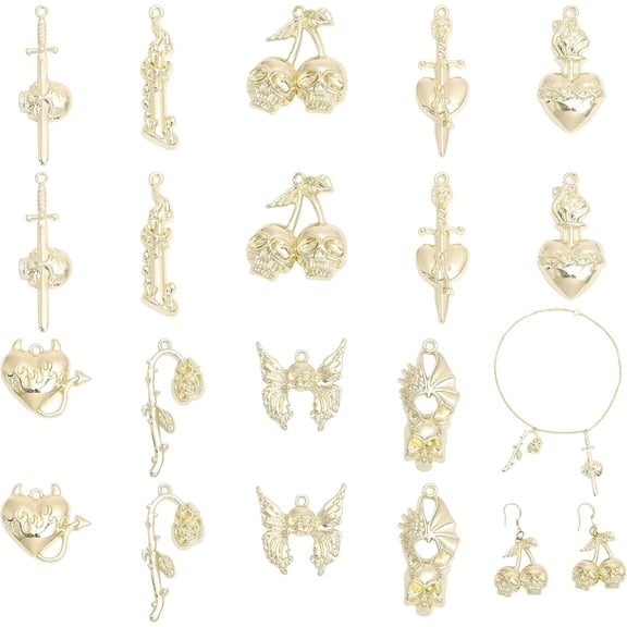 1Box 18Pcs 9 Style Rack Plating Alloy Pendants Cadmium Free & Lead Free Butterfly & Skull & Flower Light Gold 22.5~47.5x11~28x4~7mm Hole: 1.8mm 2pcs/style