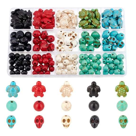 1Box 190pcs 15 Style Synthetic Turquoise Beads Strands Dyed Skull & Tortoise & Round Mixed Color 8~18x8~14x6~11mm Hole: 1mm 200pc/box