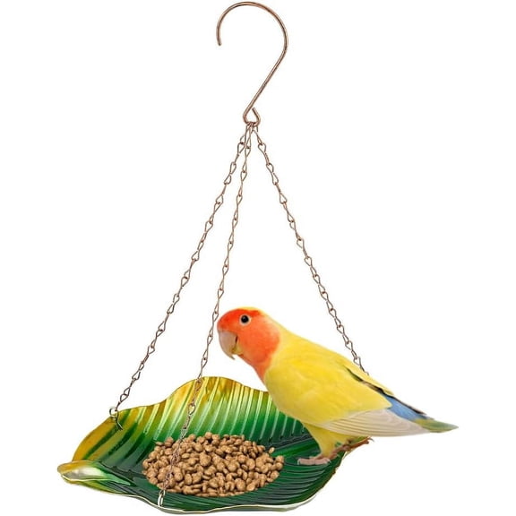 1Box 1Pc Leaf Iron Bird Hanging Feeder Tray Outdoor Bird Feeder Garden Branch Decoration Container Yellow Green 360x260x160mm