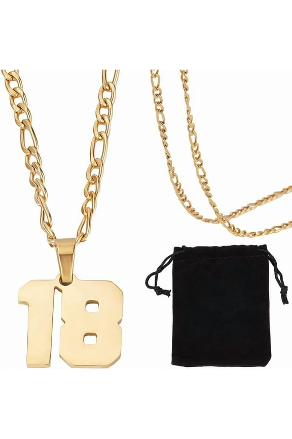 1Box 1Pcs Figaro Chain 304 Stainless Steel Golden Athletes Sport Personalized Jersey Number 18 Necklace with Rope for Men Jewelry Baseball Basketball Football Team Inspiration Gifts Golden