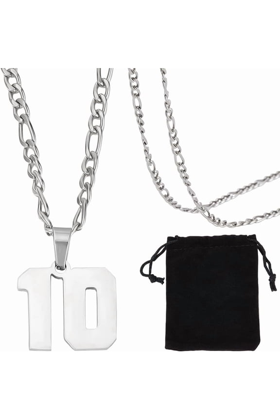 1Box 1Pcs Figaro Chain 304 Stainless Steel Silver Athletes Sport Personalized Jersey Number 10 Necklace with Rope for Men Jewelry Baseball Basketball Football Team Inspiration Gifts