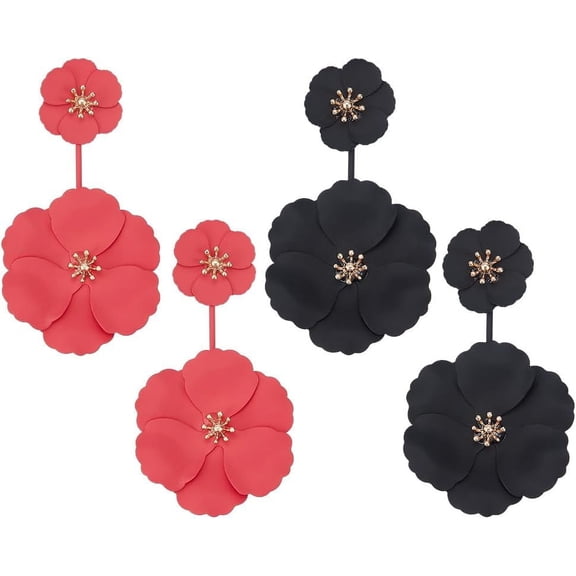 1Box 2 Pairs Big Petal Earrings for Women Red Black Statement Stud Earring Clip on Crystal Jewelry Gifts Petal Dangle Earrings Boho Floral Petal Dangle Drop Earrings daily wearing wedding