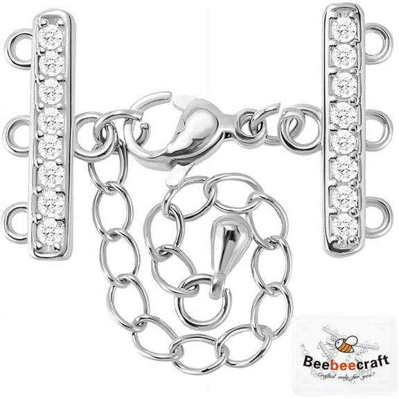 1Box 2 Sets Platinum Plated Multi Strand Jewelry Clasps Layering Chain Extender Lobster Clasps 3 Strand Cubic Zirconia Adjustable Chain Connector Extenders for Jewelry Making Necklace Bracelet