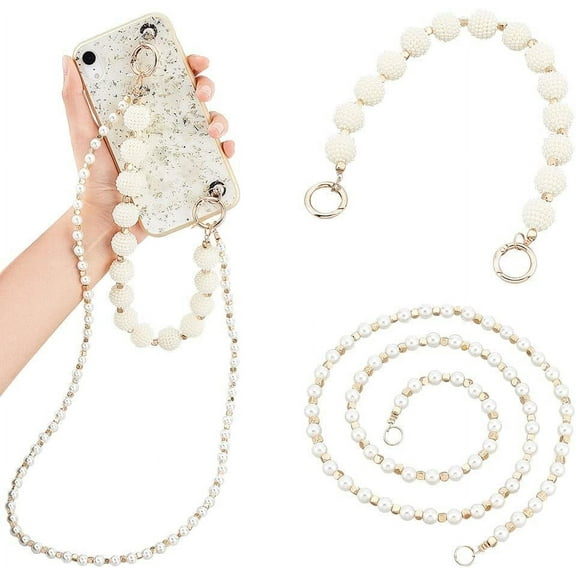 1Box 2 Styles Beaded Phone Lanyard Wrist Strap Imitation Pearl Chain Phone Charms Decoration Phone Case Chain Strap with Buckles for Women Cellphone Strap Hanging String Neck Phone Holder