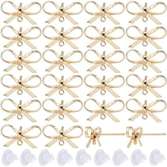 1Box 20 Sets Real 18K Gold Plated Earring Posts Stud Earring Findings Earring Studs Earring Stud with Hole Bowknot Post Earrings for Jewelry Making Accessories DIY Dangle Earrings Supplies