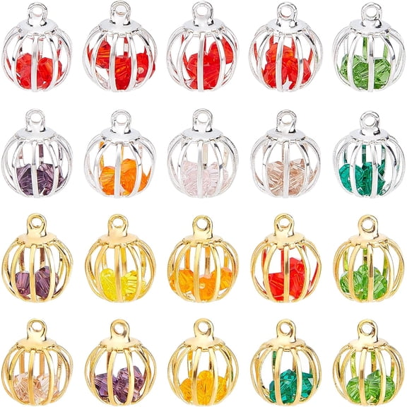 1Box 20Pcs 2 Style Iron Lantern Charms with Plastic Rhinestone inside Mixed Color Golden & Silver 14x11mm Hole: 1.4mm 10pcs/style