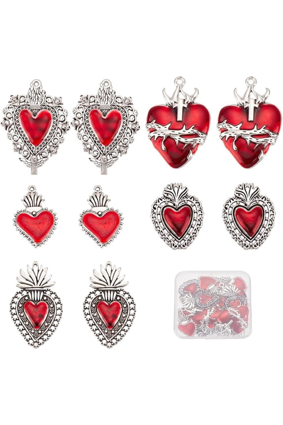 1Box 20Pcs Heart Charms Gothic Style Sacred Heart Charms Bulk Antique Silver Red Heart Thistles Thorns Fancy Enamel Charm Charms Valentine's Day Supplies