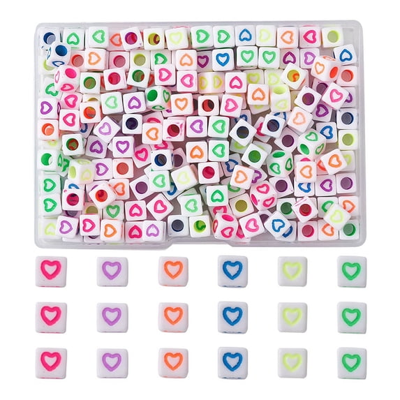 1Box 210Pcs 6 Colors Opaque White Acrylic European Beads Large Hole Beads Cube with Heart White 7x7x7mm Hole: 4mm 35pcs/color