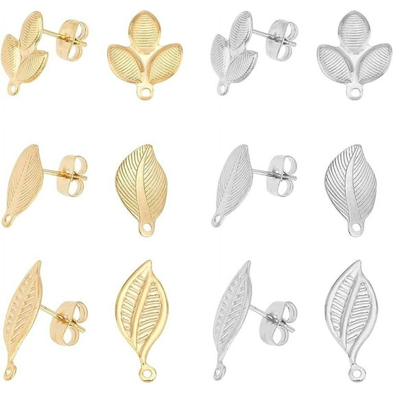 1Box 24 Pieces 3 Styles Leaf Stud Earrings with Ear Nuts Hypoallergenic Earrings 0.7mm Pin Stainless Steel Stud Earring Findings for DIY Jewellery Making Golden