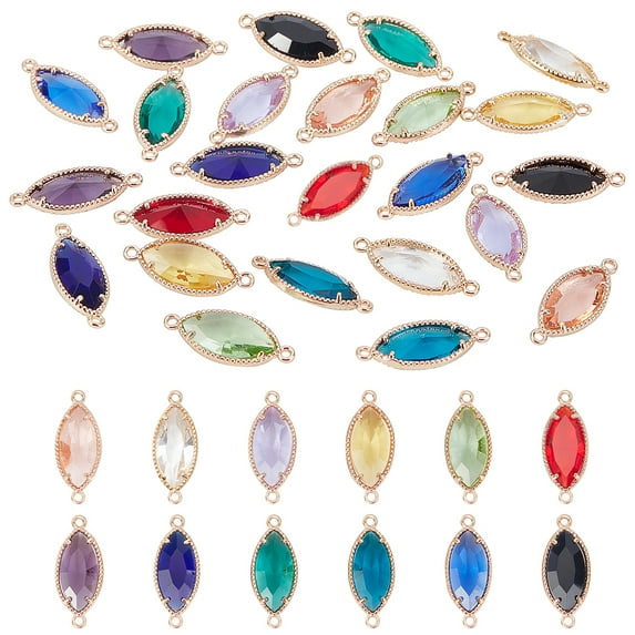 1Box 24Pcs 12 Colors Glass Links Connectors with Light Gold Tone Brass Findings Faceted Horse Eye Mixed Color 21x9x4mm Hole: 1.2mm 2pcs/color