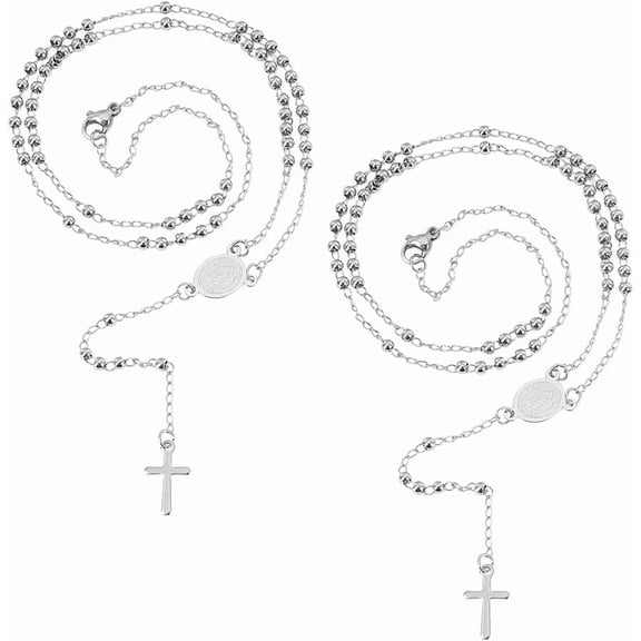 1Box 2Pcs 304 Stainless Steel Rosary Bead Necklaces Set For Easter Cross & Jesus Pendant Necklaces Stainless Steel Color 20.8 inch(53cm)