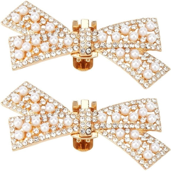1Box 2Pcs Bowknot Alloy Rhinestone Shoe Decorations with Plastic Imitation Pearl Detachable Shoe Buckle Clips Golden 31x67x11mm