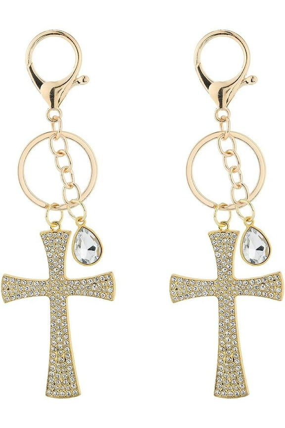 1Box 2Pcs Cross Key Chain Charm Rhinestone Cross Keychain Large Golden Alloy Crystal Clap Teardrop Blessed Holy Sparkling Cross Key Ring for Women DIY Bag Hanging Car Keys Purse Decoration