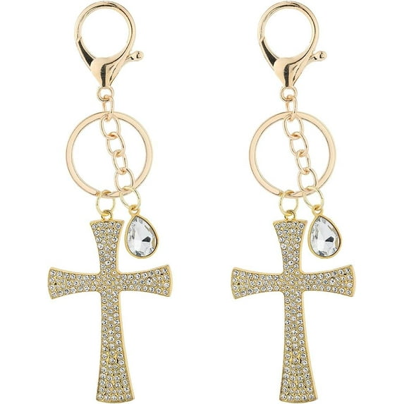 1Box 2Pcs Cross Key Chain Charm Rhinestone Cross Keychain Large Golden Alloy Crystal Clap Teardrop Blessed Holy Sparkling Cross Key Ring for Women DIY Bag Hanging Car Keys Purse Decoration