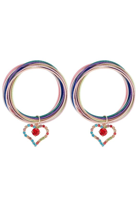 1Box 2Pcs Iron Stretch Chains Multi-strand Bracelets Set Guitar String Coil Bracelets with Brass Rhinestone Heart Charms Colorful Inner Diameter: 2 inch(5.2cm)