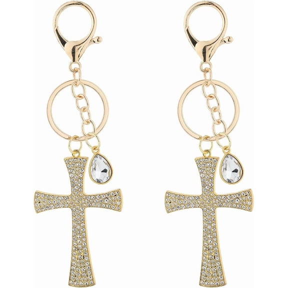 1Box 2Pcs Key Chain Charm Rhinestone Keychain Large Golden Alloy Clap Teardrop Blessed Holy Sparkling Key Ring for Women DIY Bag Hanging Car Keys Purse DecorationGolden