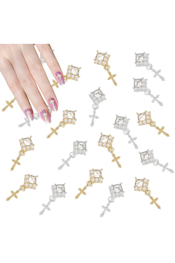 1Box 30 Pcs 2 Colors Dangle Cross Nail Charm Rhinestones Pearls Nail Decoration Alloy Nail Art Jewels Golden Silver Metal Nail Accessories for Acrylic Nails