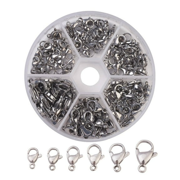 1Box 304 Stainless Steel Lobster Claw Clasps Stainless Steel Color 9~15x6~9x3~4mm Hole: 1.2~2mm about 20pcs/compartment 120pcs/box