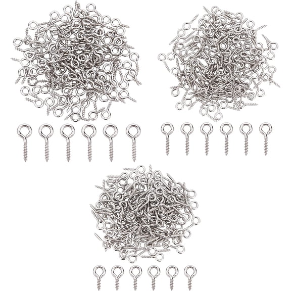 1Box 304 Stainless Steel Screw Eye Pin Peg Bails For Half Drilled Beads Stainless Steel Color 8x4x1mm Hole: 2mm 10x4x1mm Hole: 2mm 12x5x1mm Hole: 2.5mm 120~140pcs/size 400~420pcs/set