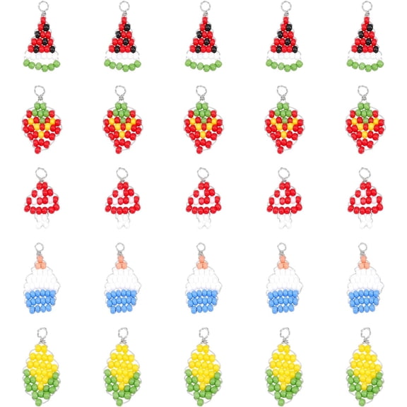 1Box 30Pcs 5 Styles Baking Paint Glass Seed Beaded Pendants with Eco-Friendly Copper Wire Strawberry & Corn & Cake Mixed Color 23~30x12.5~16x3~3.4mm Hole: 2~3mm 6pcs/style