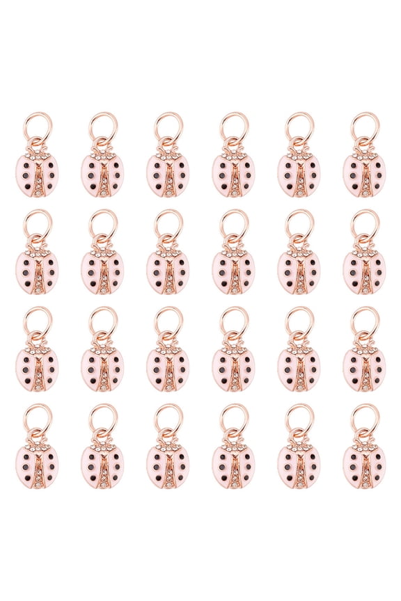 1Box 30Pcs Alloy Enamel Charms with Rhinestone Rose Gold Ladybug Pink 14.5x10x4mm Hole: 6mm