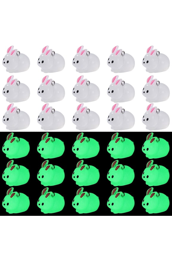 1Box 30Pcs Luminous Translucent Resin Pendants Rabbit Charms with Platinum Plated 304 Stainless Steel Loops White 19x24.5x16mm Hole: 2mm
