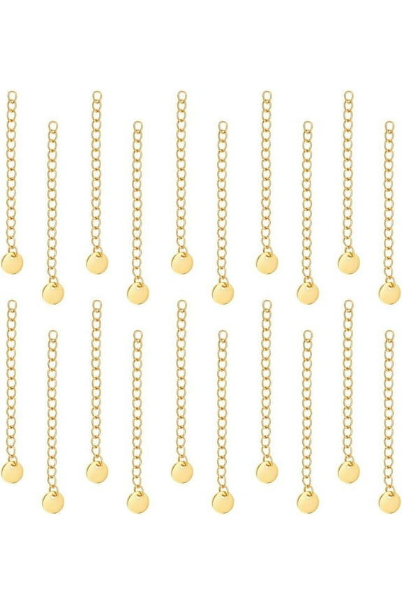 1Box 30Pcs Stainless Steel Golden Curb Chain Extension End Chains with Flat Round Charms Necklace Bracelet Extension Chain Anklet Extenders for Women DIY Jewelry Making 57~60mm