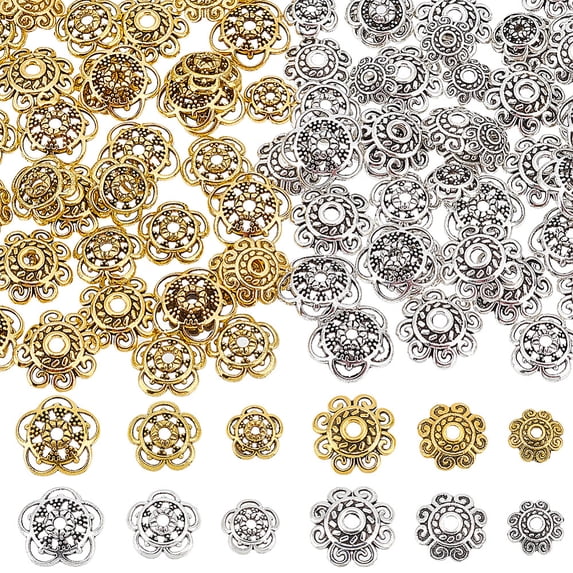 1Box 360pcs Flower Bead Caps 2 Shapes Tibetan Alloy End Caps Antique Golden Silver Spacer Beads Caps 8/10/12mm Jewelry Spacer Caps for Jewelry Earrings Bracelets Necklaces Making 3 Sizes