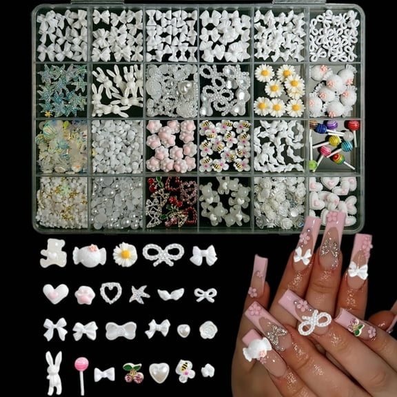 1Box 3D Minimalist White Bow Wings Candy Bear Resin Nail Charms Mini Heart Flower Alloy Cherry Butterfly Mixed Nail Art Decorations DIY Manicure Supplies