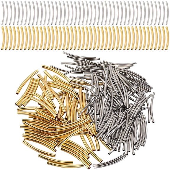 1Box 400Pcs 2 Colors Brass Tube Beads Curved Tube Noodle Beads Mixed Color 30x2~3mm Hole: 1~2.5mm
