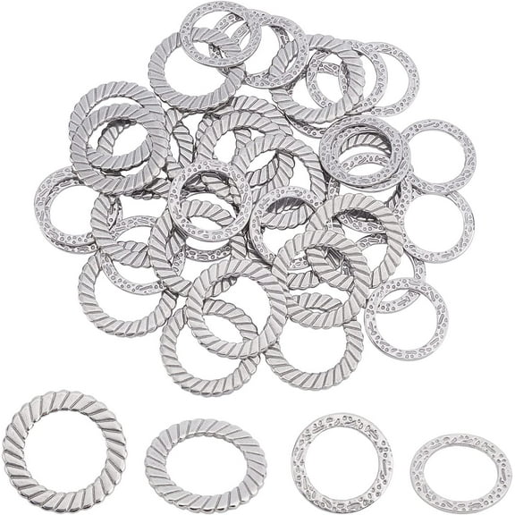 1Box 40Pcs 2 Style 304 Stainless Steel Linking Rings Laser Cut Textured Round Ring Stainless Steel Color 20pcs/style
