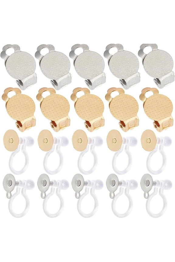 1Box 40Pcs 4 Styles 304 Stainless Steel Clip-on Earring Findings Earring Settings Flat Round Golden & Stainless Steel Color 9~16x10~12x5~7mm Hole: 1mm 10Pcs/style