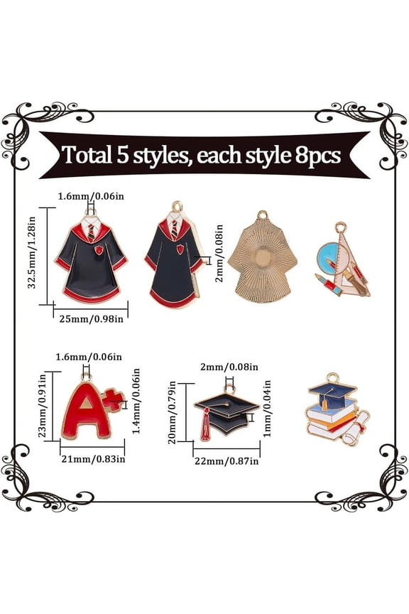 1Box 40Pcs 5Styles Graduate Charm School Enamel Charms Bulk Metal Gold Alloy Teachers' Day Back to School Graduation Caps Dangle Charm for Jewelry Making Charms Necklace Craft Supplies