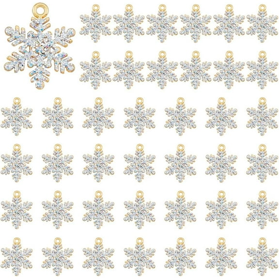 1Box 40Pcs Rhinestone Snowflake Charms Light Gold Alloy Charms Christmas Snowflake Pendants Jewelry-Making Embellishments Winter Charms for DIY Crafting Hole: 1.6mm