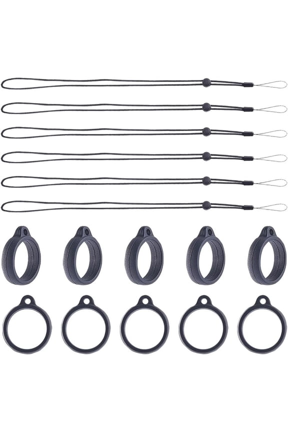 1Box 42PCS Black Anti-Lost Necklace Lanyard Set Including 6PCS Anti-Loss Pendant Strap String Holder with 36PCS Silicone Rubber Rings for Office Key Chains Outdoor Activities 16mm
