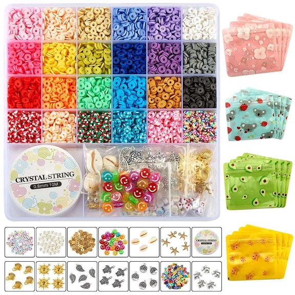 1Box 4496 Polymer Clay Beads DIY Bracelet Making Kit Including Handmade Polymer Clay CCB Plastic Pendants Zip Lock Bag Elastic Thread Mixed Color Polymer Clay