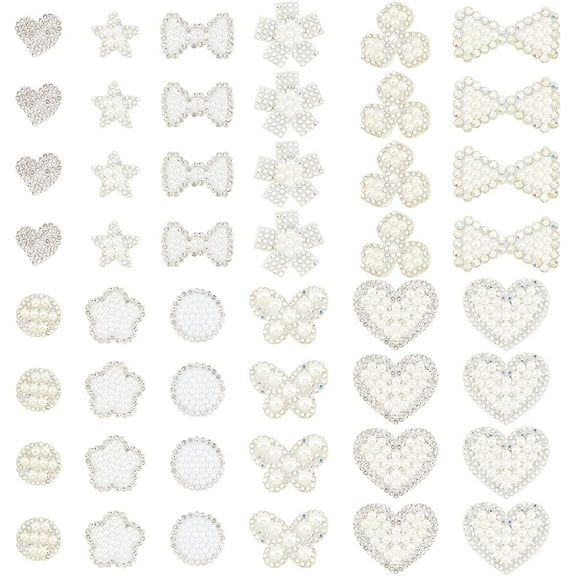 1Box 48 Pcs 12 Styles Pearl Patches Starfish Butterfly Heart Bowknot Flower Pearl Patch Stickers Glittered Plastic Pearl Applique Embroidery Applique Badges for Sewing DIY Crafts Clothes Hats
