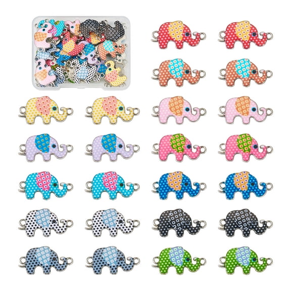 1Box 48Pcs 12 Styles Alloy Enamel Connector Charms Platinum Polka Dot Elephant Link Mixed Color 13x24x2mm Hole: 1.6mm 4pcs/color